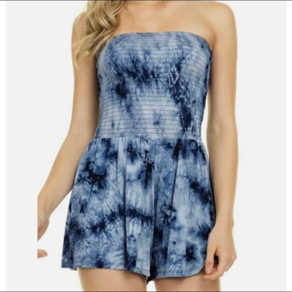 Blue Tie Dyed Smocked Strapless Romper New Hippie